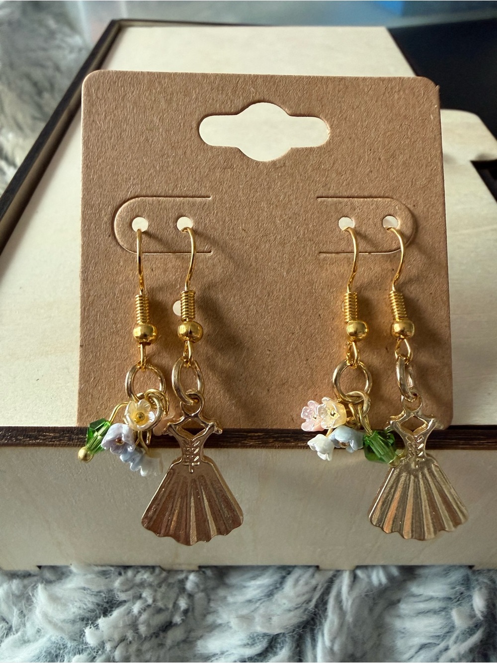 Gold Dress Charm Floral Dangle Earrings - Women Jewelry